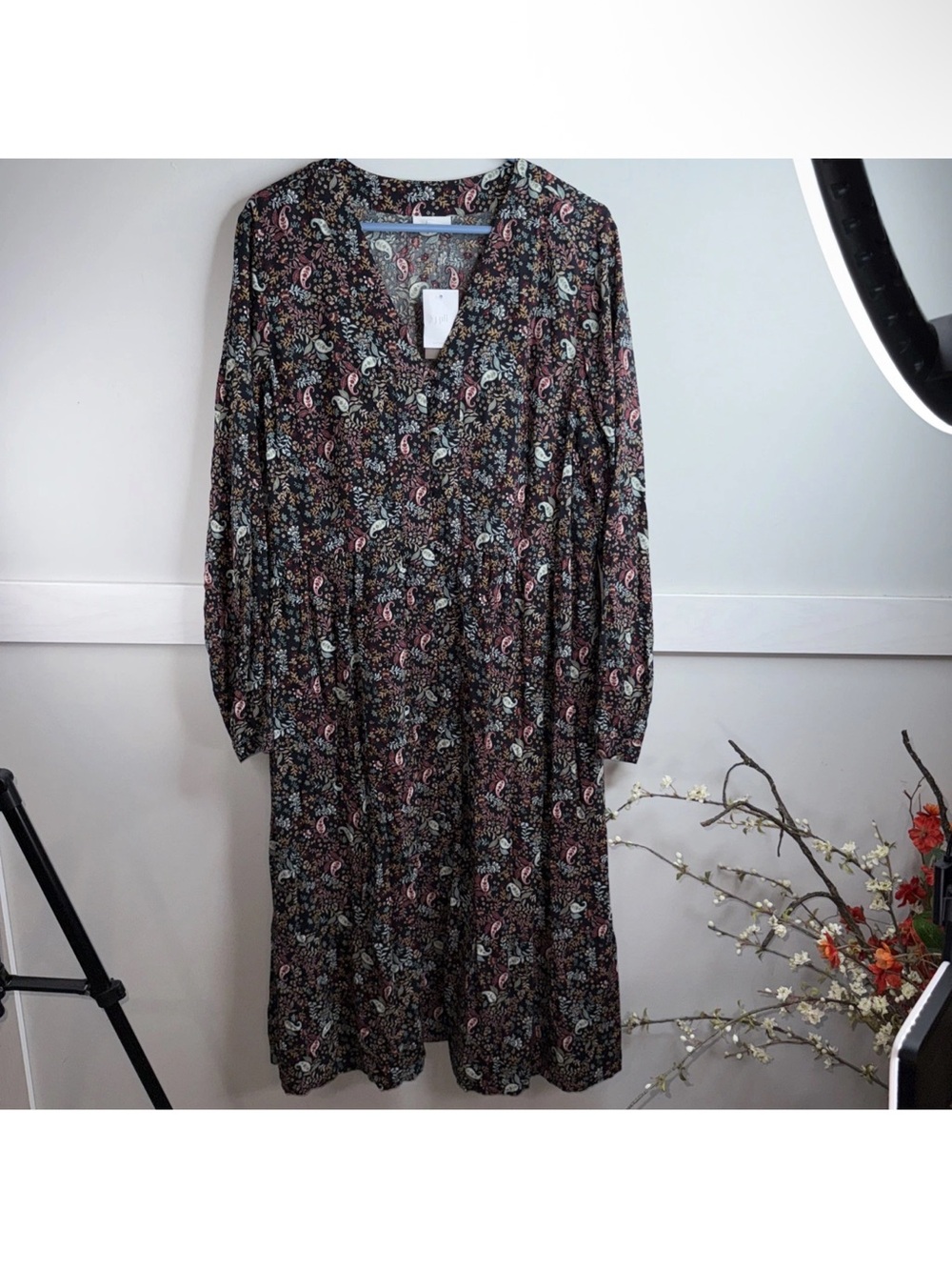 NWT J. Jill Black Ditsy Floral V Neck Button Front Rayon LS Dress  L Cottagecore
